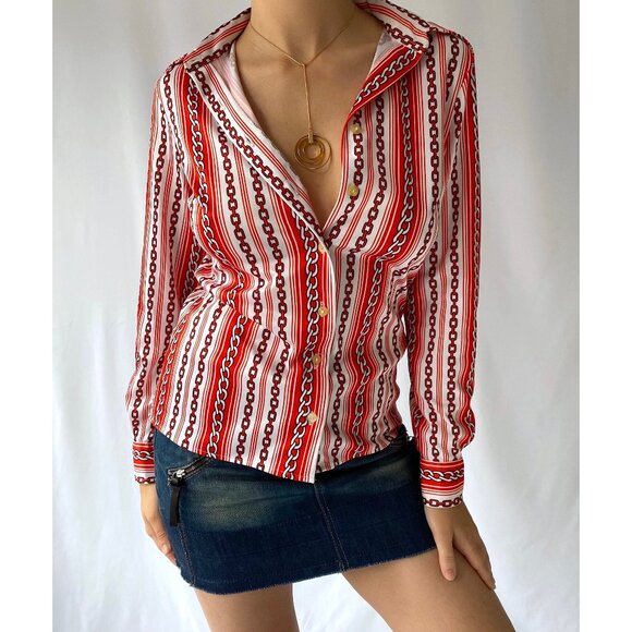 Vintage Tops - 70s vintage red chain striped novelty print collared button up blouse shirt